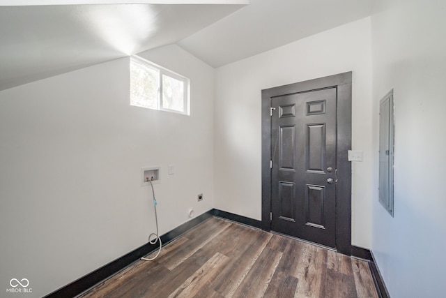 washroom with hookup for a washing machine, electric dryer hookup, and dark hardwood / wood-style floors