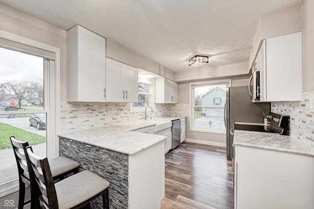 5909 Buttonwood Dr, Noblesville, IN 46062 - kitchen with stainless steel appliances, white cabinetry, wood finished floors, a peninsula, and decorative backsplash