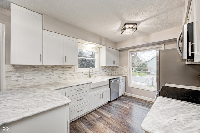 5909 Buttonwood Dr, Noblesville, IN 46062 - kitchen featuring appliances with stainless steel finishes, plenty of natural light, a sink, light countertops, and a textured ceiling