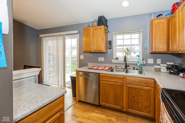 kitchen with black / electric stove, sink, stainless steel dishwasher, and light hardwood / wood-style floors