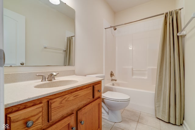 full bathroom with toilet, vanity, tile patterned flooring, and shower / bathtub combination with curtain