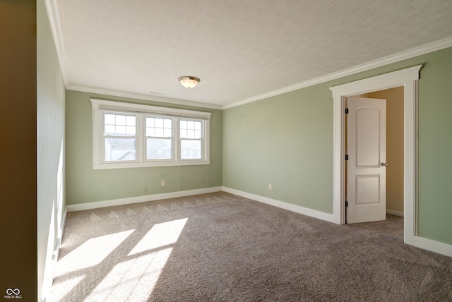 empty room with a textured ceiling, crown molding, and carpet