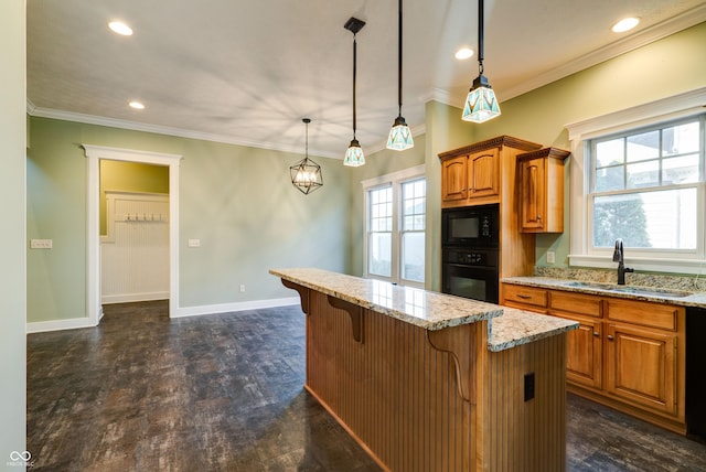 7290 Lockford Walk N, Avon, IN 46123 - kitchen featuring black appliances, a sink, a kitchen bar, light stone countertops, and brown cabinets
