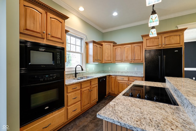 7290 Lockford Walk N, Avon, IN 46123 - kitchen featuring black appliances, a sink, light stone counters, crown molding, and recessed lighting