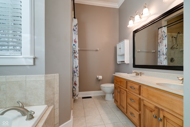 full bathroom with ornamental molding, separate shower and tub, vanity, tile patterned flooring, and toilet