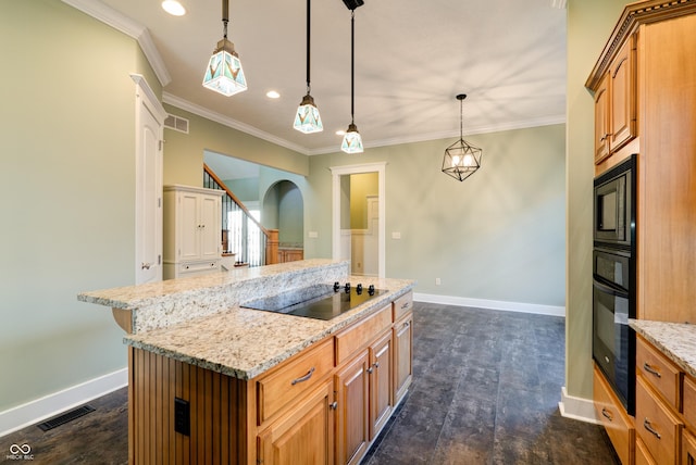 7290 Lockford Walk N, Avon, IN 46123 - kitchen featuring black appliances, arched walkways, a center island, baseboards, and ornamental molding