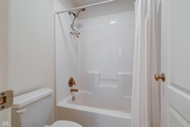 bathroom featuring toilet and shower / bathtub combination with curtain