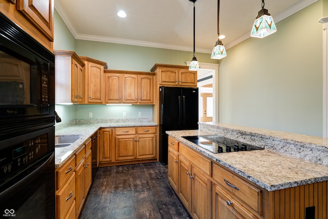 kitchen with black appliances, pendant lighting, dark hardwood / wood-style flooring, and ornamental molding