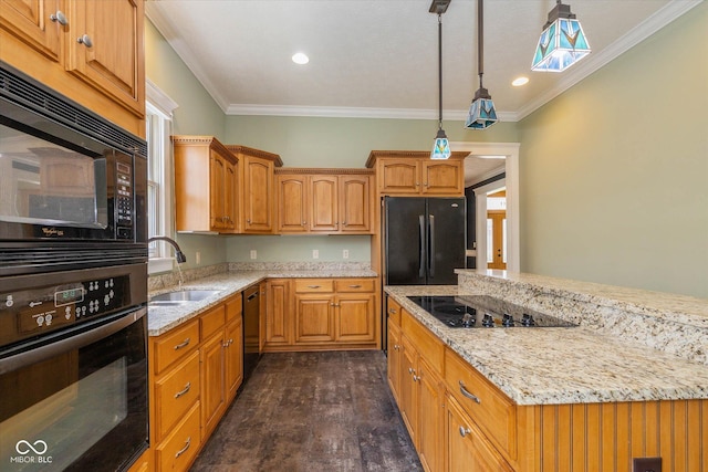 7290 Lockford Walk N, Avon, IN 46123 - kitchen with black appliances, crown molding, light stone counters, decorative light fixtures, and brown cabinets
