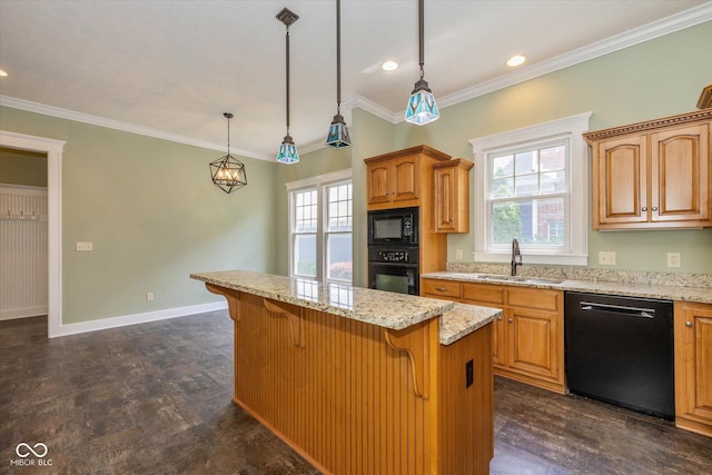 7290 Lockford Walk N, Avon, IN 46123 - kitchen with black appliances, plenty of natural light, a kitchen bar, light stone countertops, and ornamental molding