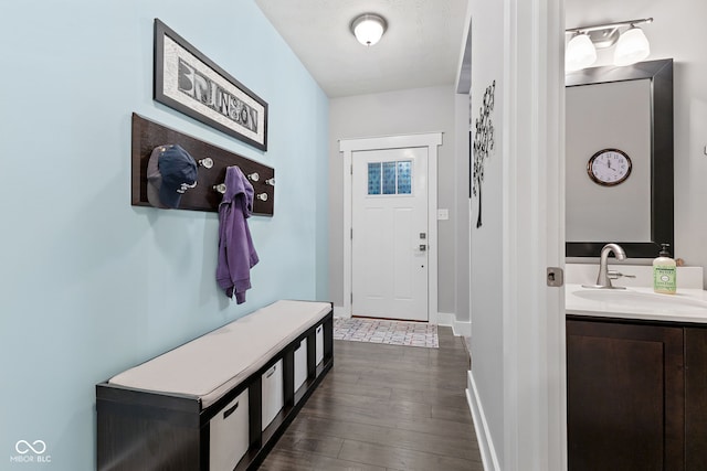 mudroom featuring a textured ceiling, dark hardwood / wood-style flooring, and sink