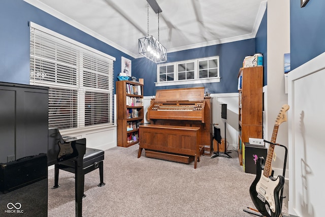 office area with ornamental molding and carpet floors