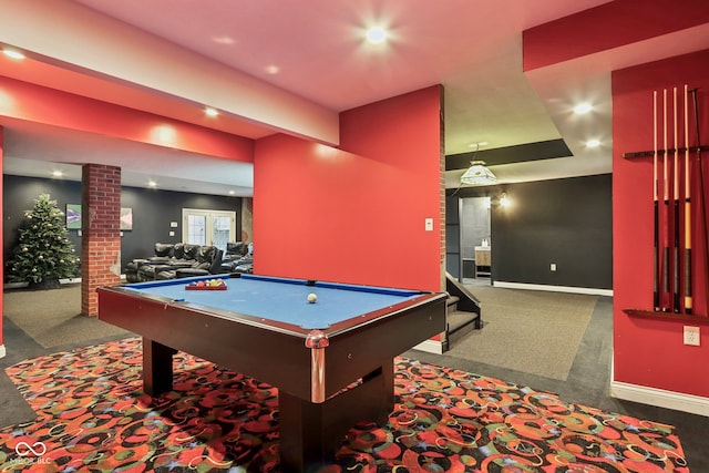 playroom with dark colored carpet and pool table