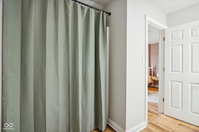 bathroom with hardwood / wood-style floors