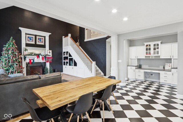 5784 N 600 E, Greenfield, IN 46140 - dining space with tile patterned floors, recessed lighting, stairway, and a fireplace