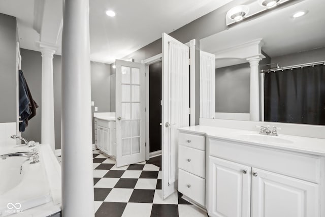 5784 N 600 E, Greenfield, IN 46140 - full bathroom with tile patterned floors, vanity, decorative columns, and recessed lighting