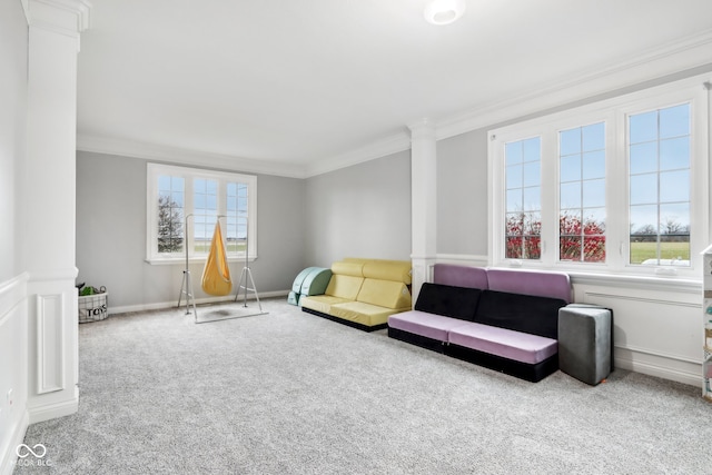 living room with light carpet and ornamental molding