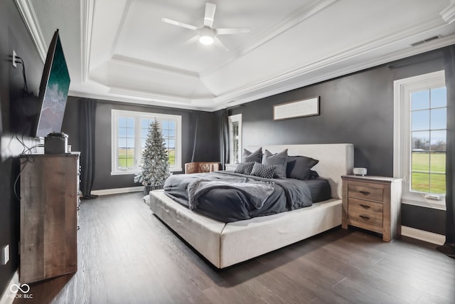 bedroom featuring dark hardwood / wood-style flooring, a raised ceiling, ceiling fan, and ornamental molding