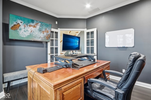 office area featuring dark hardwood / wood-style flooring, french doors, and ornamental molding