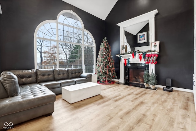 living room with light hardwood / wood-style floors and high vaulted ceiling