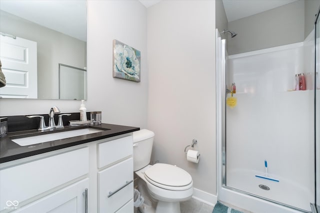 7282 Zanesville Rd, Carmel, IN 46033 - full bathroom featuring a stall shower, tile patterned floors, vanity, and toilet
