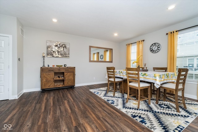 7282 Zanesville Rd, Carmel, IN 46033 - dining space with baseboards, dark wood-style flooring, visible vents, and recessed lighting