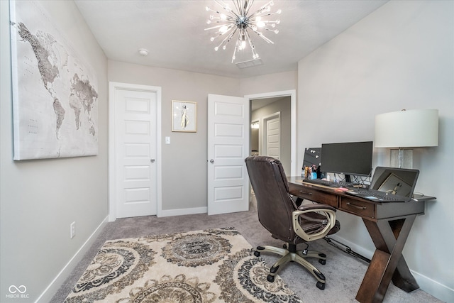 7282 Zanesville Rd, Carmel, IN 46033 - office space with baseboards, a notable chandelier, and carpet floors