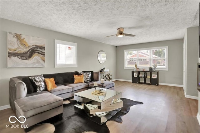 living room featuring a textured ceiling, ceiling fan, and light hardwood / wood-style flooring