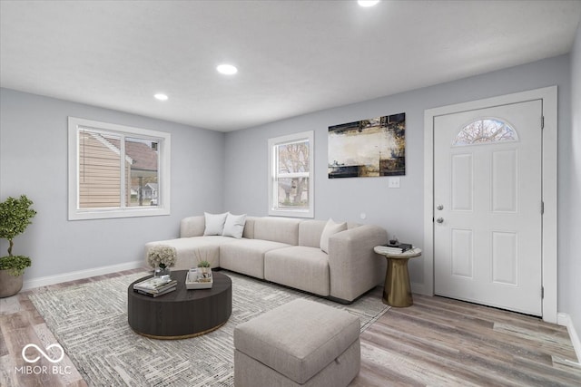 living room with light wood-type flooring and plenty of natural light