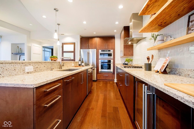 kitchen featuring backsplash, sink, wall chimney exhaust hood, dark hardwood / wood-style flooring, and stainless steel appliances