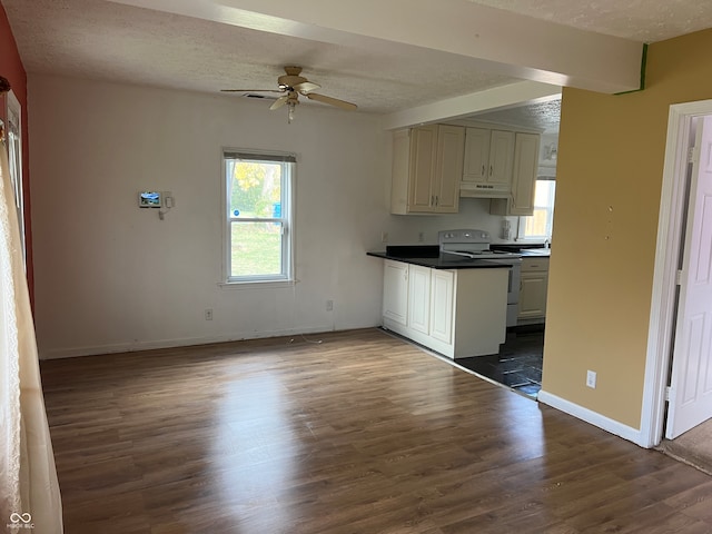 kitchen featuring dark wood-type flooring, a textured ceiling, ceiling fan, and white range with electric stovetop