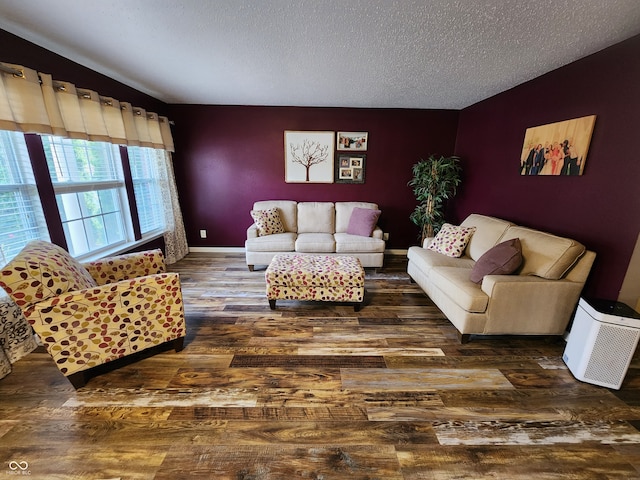 living room with a textured ceiling and dark hardwood / wood-style floors