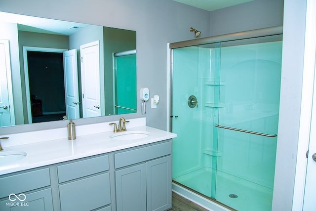 bathroom featuring vanity, wood-type flooring, and a shower with door