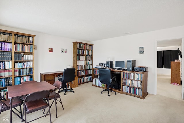 office area featuring light colored carpet