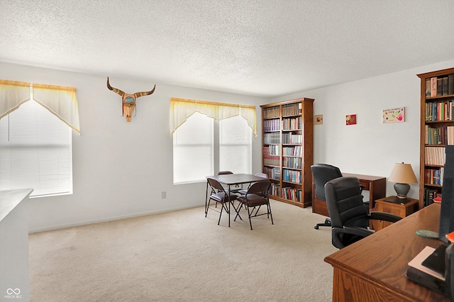 carpeted office space featuring a textured ceiling