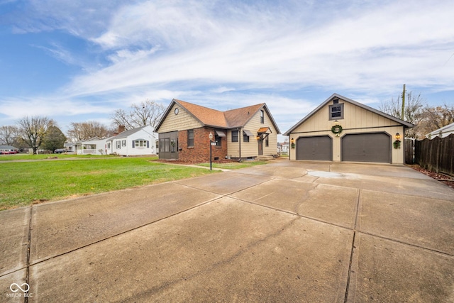 ranch-style house with a garage and a front lawn