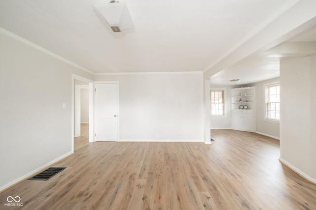 unfurnished living room with crown molding, built in features, and light hardwood / wood-style floors