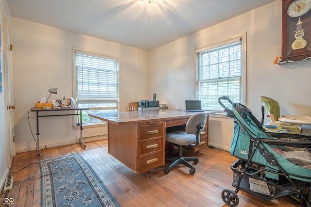 home office featuring plenty of natural light, light wood-type flooring, and a baseboard heating unit