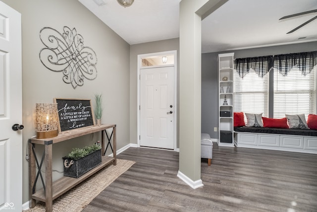 foyer entrance featuring ceiling fan and dark hardwood / wood-style floors