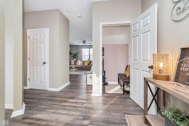 foyer featuring dark wood-type flooring, decorative columns, and ceiling fan