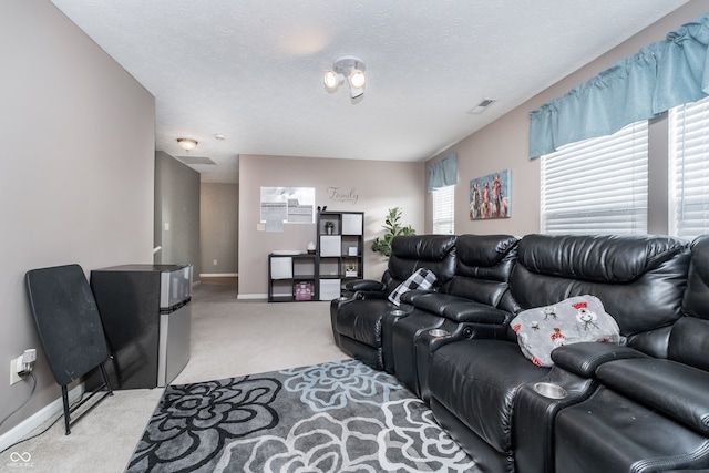 living room featuring a textured ceiling and light carpet