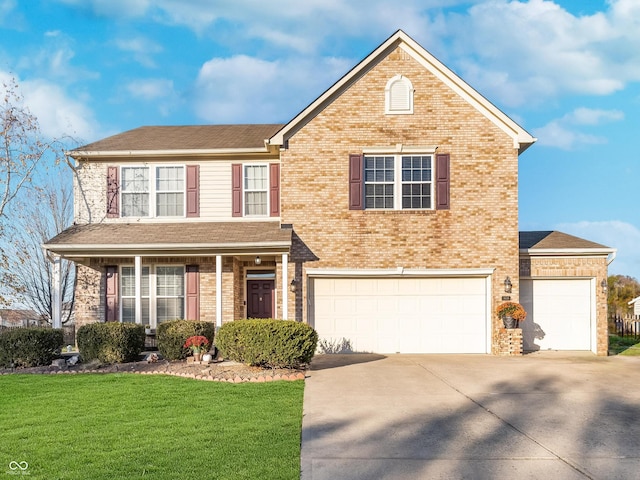 traditional-style home with concrete driveway, roof with shingles, an attached garage, a front yard, and brick siding