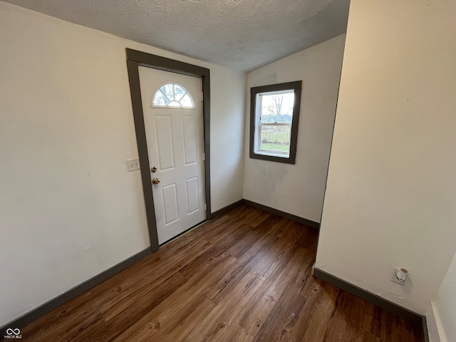 entryway with dark hardwood / wood-style flooring, a textured ceiling, and lofted ceiling