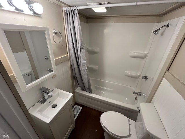 full bathroom with toilet, vanity, shower / bath combination with curtain, and wood-type flooring