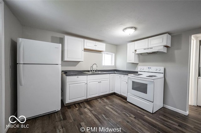 kitchen with white cabinets, white appliances, sink, and dark hardwood / wood-style flooring