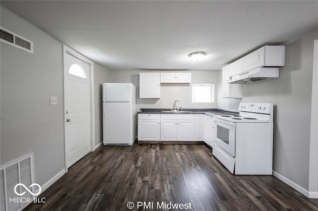 kitchen with sink, white appliances, ventilation hood, white cabinets, and dark wood-type flooring