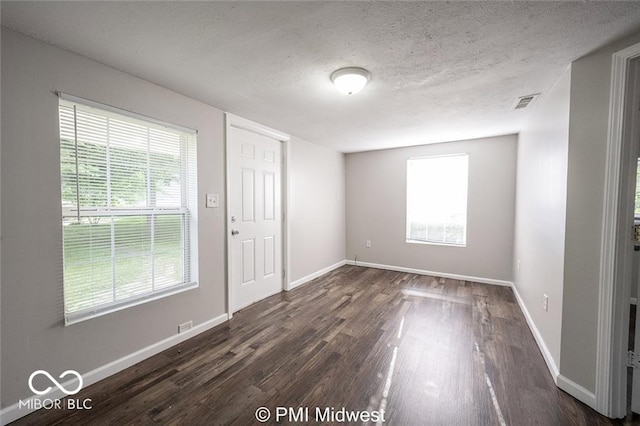 spare room featuring a wealth of natural light, a textured ceiling, and dark hardwood / wood-style flooring