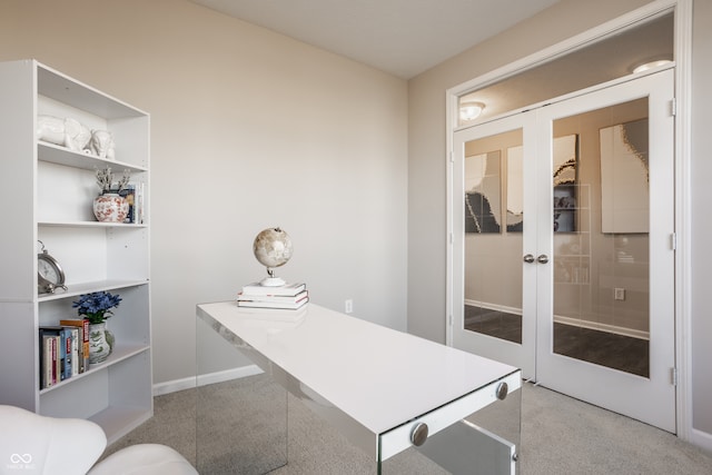 office featuring french doors and light colored carpet