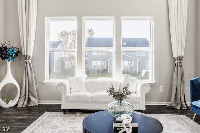 living room featuring dark hardwood / wood-style flooring and a healthy amount of sunlight