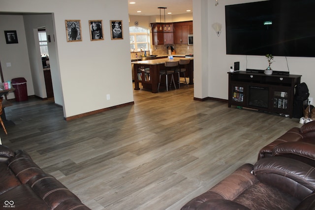 living room with dark wood-type flooring and sink